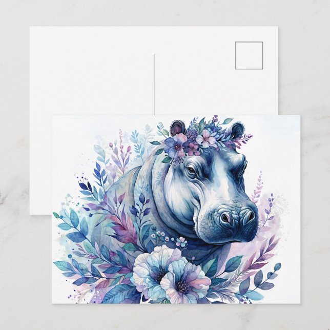 Hippo Watercolor Floral Art Postcard (Front/Back)