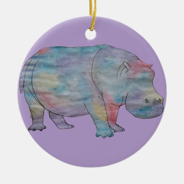 Hippo watercolour ceramic tree decoration (Front)