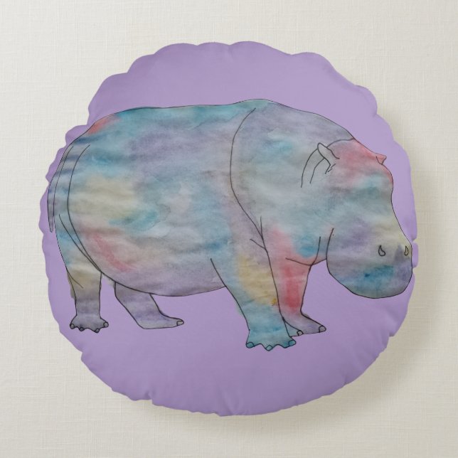 Hippo watercolour round cushion (Front)