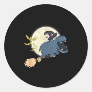 Hippo Witch Hat Riding Broom Stick Zoo Animal Love Classic Round Sticker
