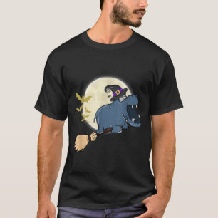 Hippo Witch Riding Broom Funny Halloween Animal  T-Shirt