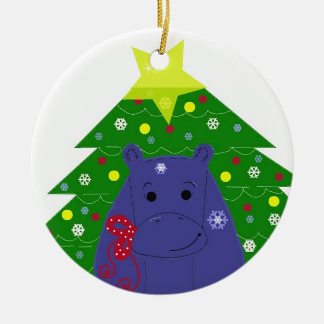 Hippo with a Christmas Tree Ceramic Tree Decoration (Front)