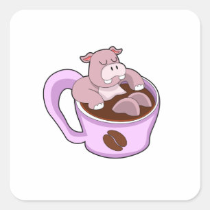 Hippo with Cup of Coffee Square Sticker
