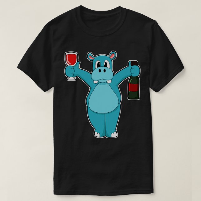 Hippo with Glass of Wine Bottle Wine T-Shirt (Design Front)