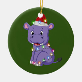 Hippo With Hat Scaft Christmas Ceramic Tree Decoration