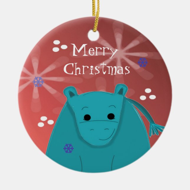 Hippo with Snowflake Design Ceramic Tree Decoration (Front)
