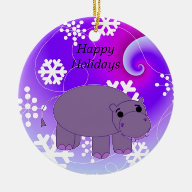 Hippo with Snowflakes Ceramic Tree Decoration (Front)