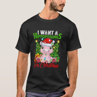 Hippo Xmas Lights Funny I Want A Hippopotamus for  T-Shirt