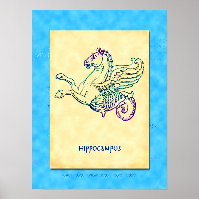 Hippocampus Greek Sea Horse Vintage Art Poster (Front)