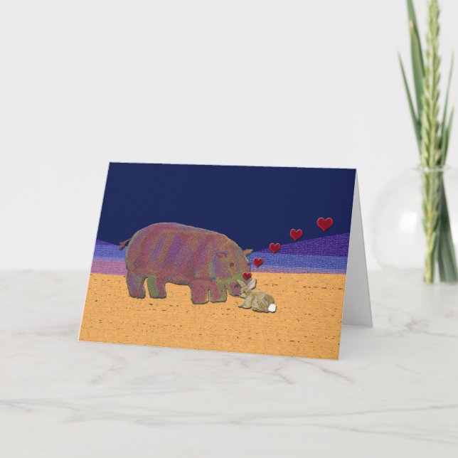 Hippopotamus and Rabbit Love Valentine Holiday Card (Front)