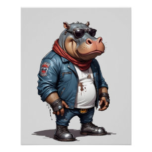 Hippopotamus Biker Rebel in Leather Jacket Cool Poster