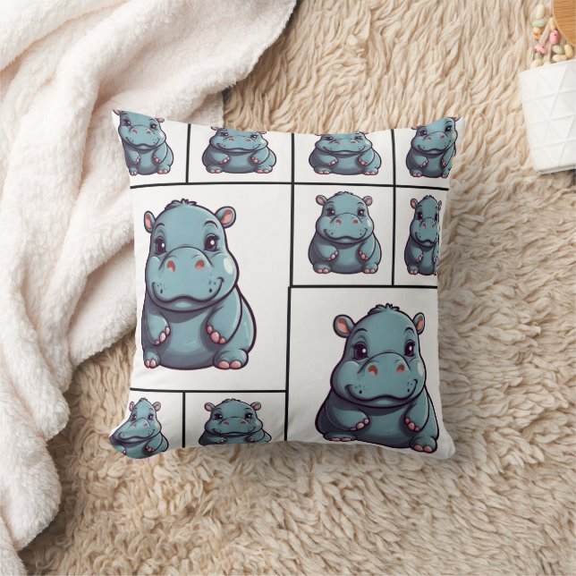 Hippopotamus Blue Print Cushion (Blanket)