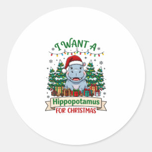 Hippopotamus Christmas Hippo Santa Hat Trees Prese Classic Round Sticker