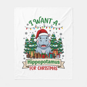 Hippopotamus Christmas Hippo Santa Hat Trees Prese Fleece Blanket
