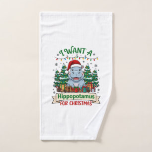 Hippopotamus Christmas Hippo Santa Hat Trees Prese Hand Towel