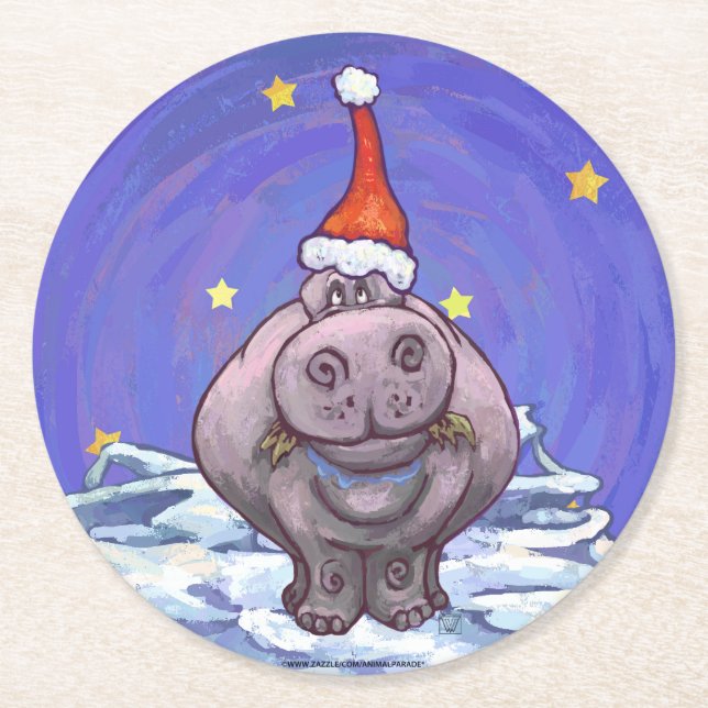Hippopotamus Christmas Round Paper Coaster (Front)