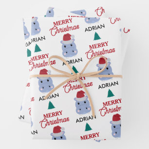 Hippopotamus Hippo Christmas Santa Custom Name Wrapping Paper Sheet