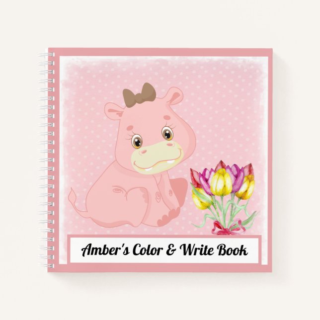 Hippopotamus Kids Colour & Write Book Pink Dots (Front)