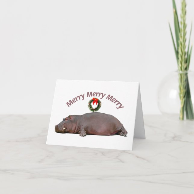 Hippopotamus Merry Merry Merry Fun Holiday Card (Front)