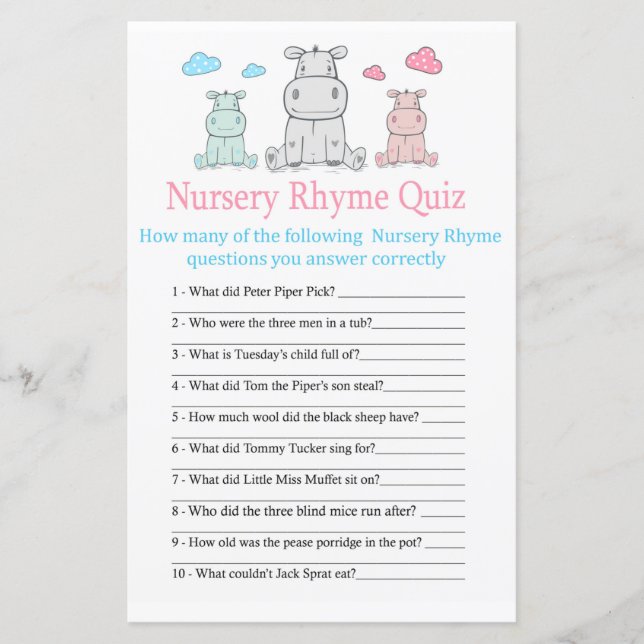 Hippopotamus Nursery Rhyme Quiz baby shower game (Front)