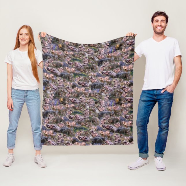 Hippopotamus Picture Collarge, Fleece Blanket (In Situ)