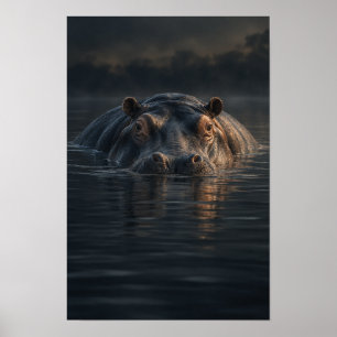 Hippopotamus Resting in Dark Water Wildlife Wall A Poster