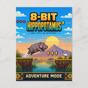 Hippopotamus, Retro 8-Bit Pixel Art Postcard