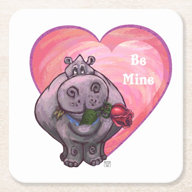Hippopotamus Valentine's Day Square Paper Coaster (Front)