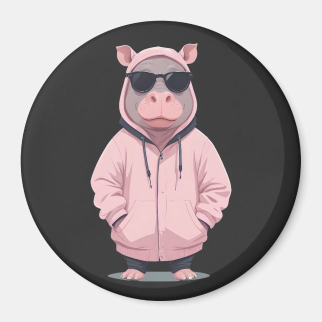 Hippopotamus Wearing Hoodie Funny Cool Animal Pop Magnet (Front)