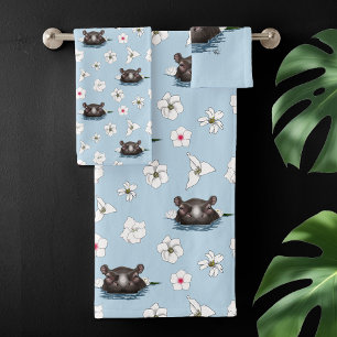 Hippopotamus White Lotus Blue Bath Towel Set