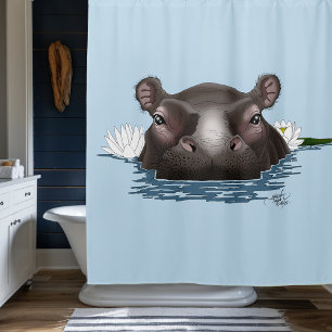 Hippopotamus White Lotus Blue Shower Curtain