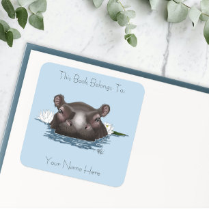 Hippopotamus White Lotus Blue Square Sticker
