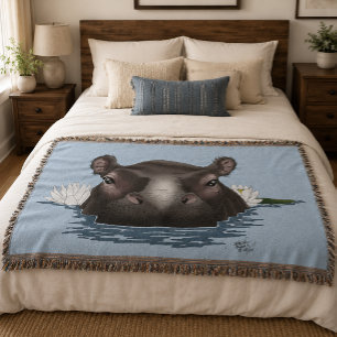 Hippopotamus White Lotus Blue Throw Blanket