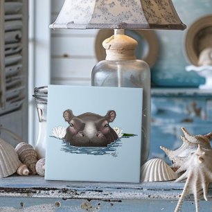 Hippopotamus White Lotus Blue Tile