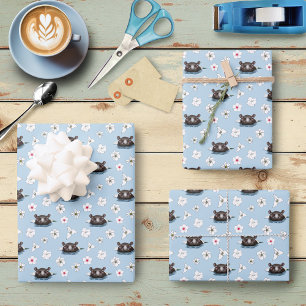 Hippopotamus White Lotus Blue Wrapping Paper Sheet