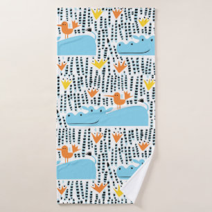 Hippos and birds in the lake seamless pattern vint bath towel