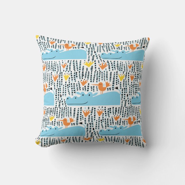 Hippos and birds in the lake seamless pattern vint cushion (Front)