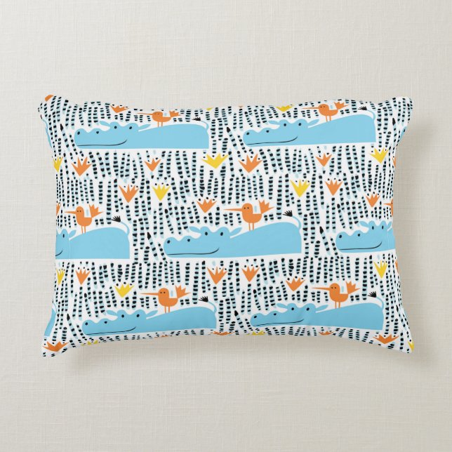Hippos and birds in the lake seamless pattern vint decorative cushion (Front)