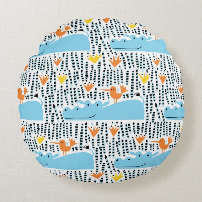 Hippos and birds in the lake seamless pattern vint round cushion (Front)