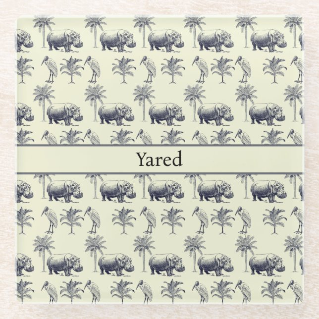 Hippos and Marabus  pattern on yellow background Glass Coaster (Front)
