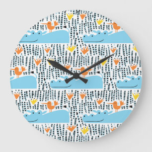Hippos Birds Lake: Vintage Pattern. Large Clock