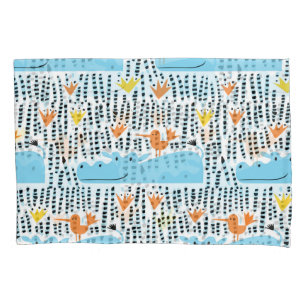 Hippos Birds Lake: Vintage Pattern. Pillowcase