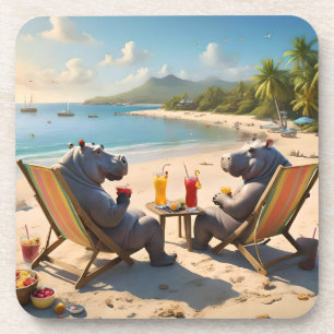 Hippos Having Cocktails On The Beach, Coaster