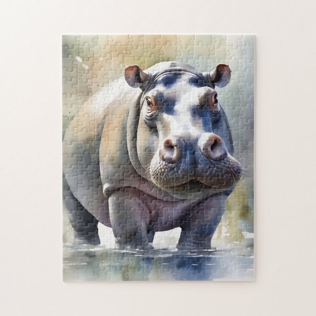Hippo's Serene Waters A Watercolor Portrait Jigsaw Puzzle (Vertical)