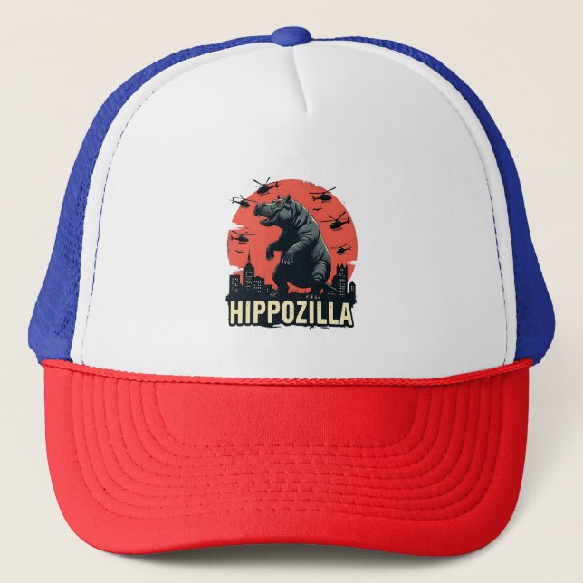 Hippozilla Spooky Moo Deng Hippo Halloween Trucker Hat (Front)