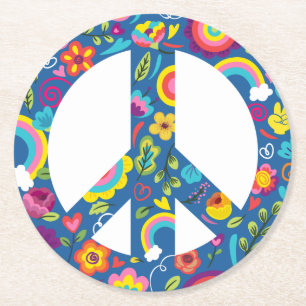 Hippy 60s Boho Peace Sign Round Paper Coaster