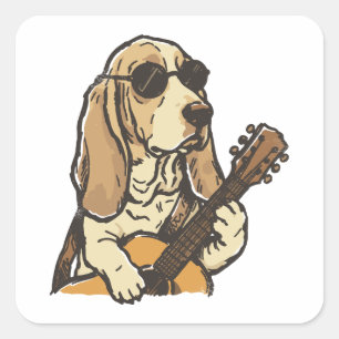 Hippy Beagle Playing Guitar Square Sticker