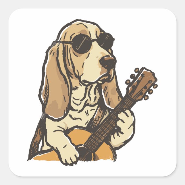 Hippy Beagle Playing Guitar  Square Sticker (Front)