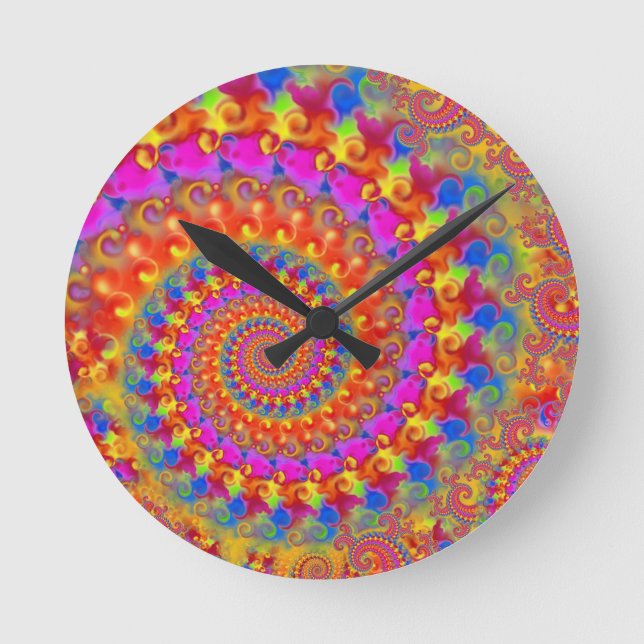 Hippy Fractal Pattern Pink Turquoise & Yellow Round Clock (Front)