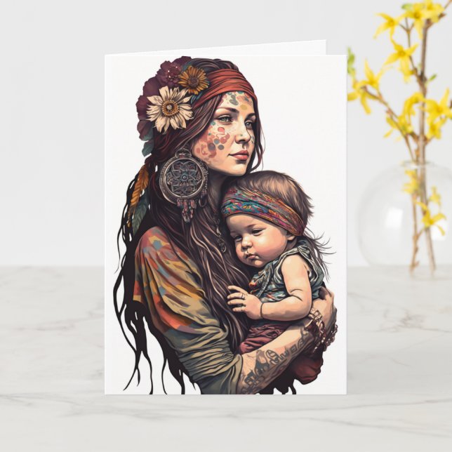 Hippy Mother & Daughter, Mothers Day Card (Yellow Flower)